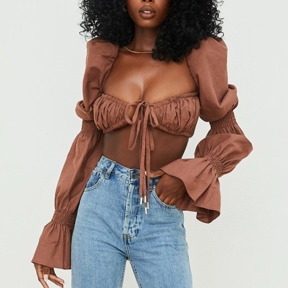House of CB Molly Shirred Top XS Chocolate Puff Sleeve Romantic Cottagecore Sexy